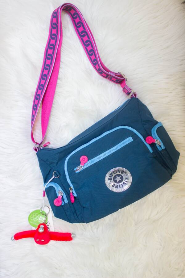 Luxuries | Turquoise blue kipling with hot pink printed belt sling bag ...